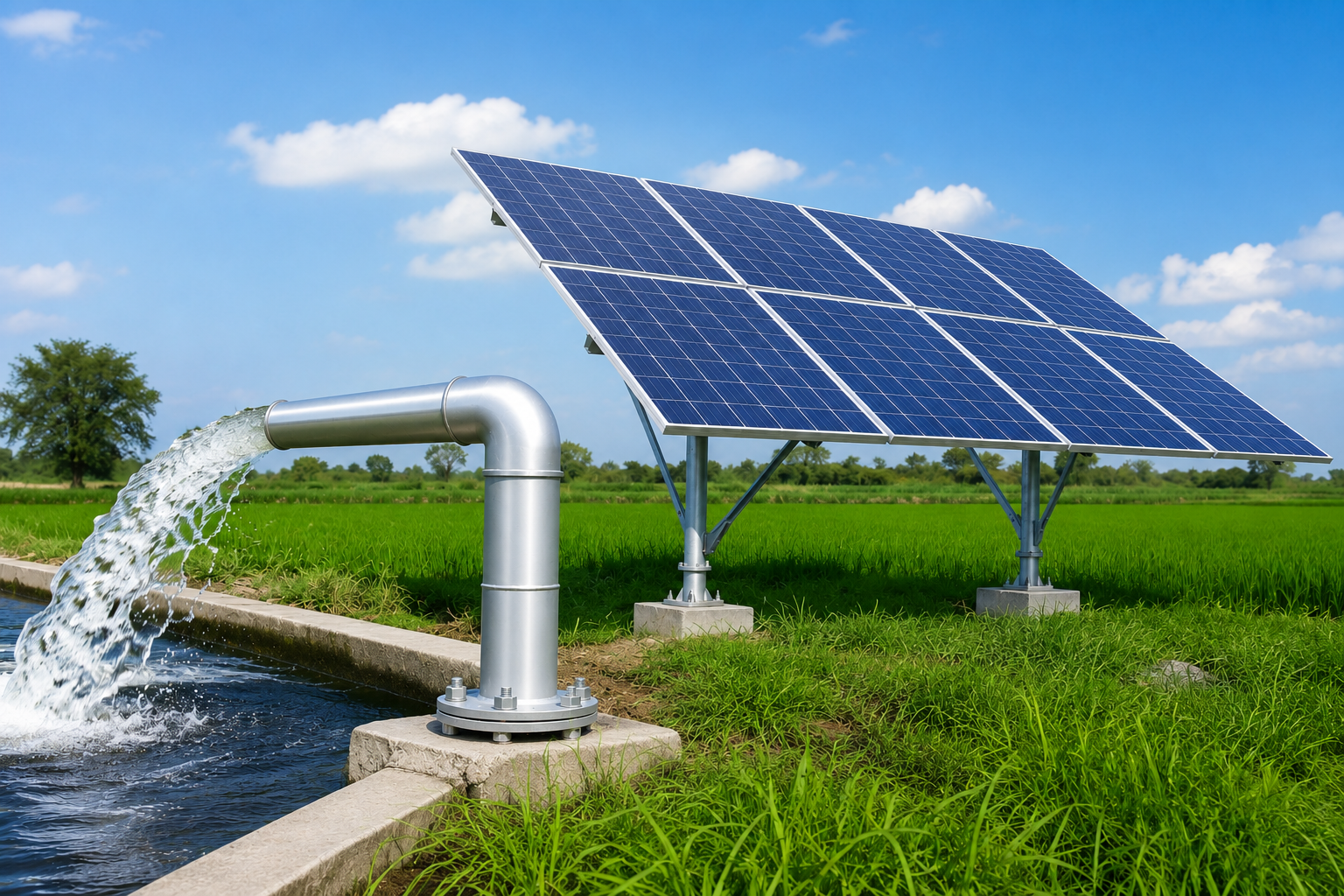 Enerzora solar water pump field installation with panels and VFD drive in Tamil Nadu