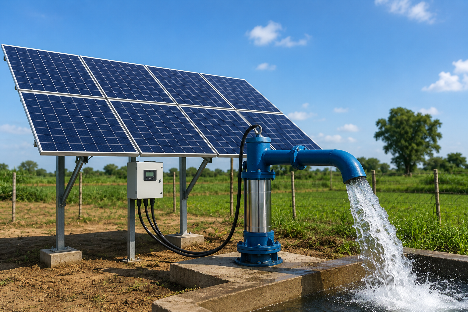 Enerzora solar water pump project with panels and irrigation output in a Tamil Nadu farm